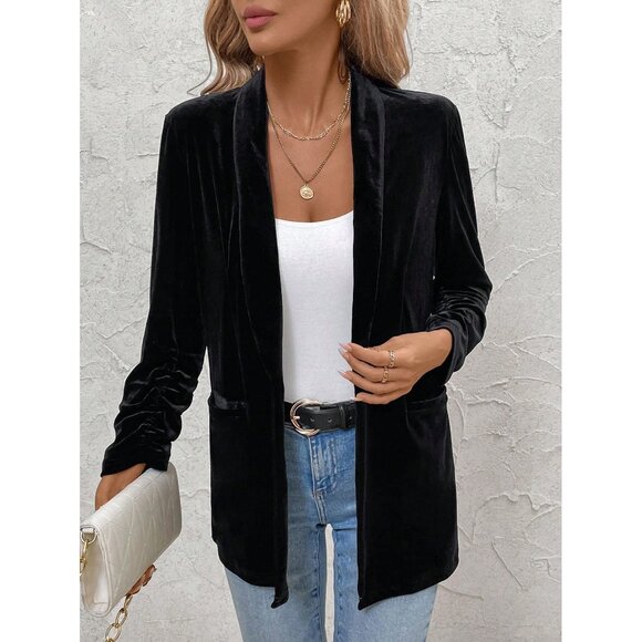 Velvet blazer jacket scrunch sleeves lapel collar black - Picture 1 of 2